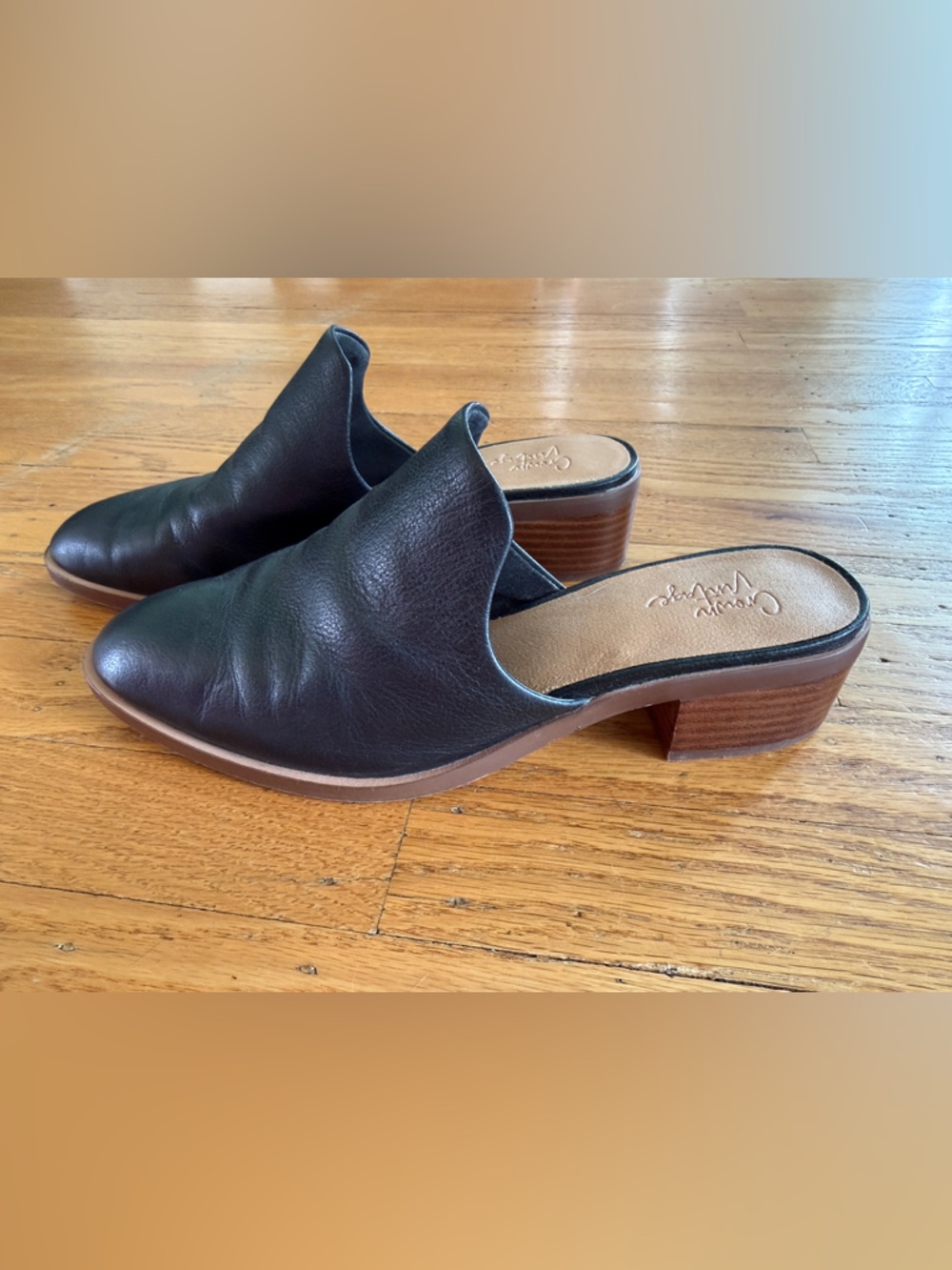 Crown Vintage Black Leather Mule with Brown Stacked Heel